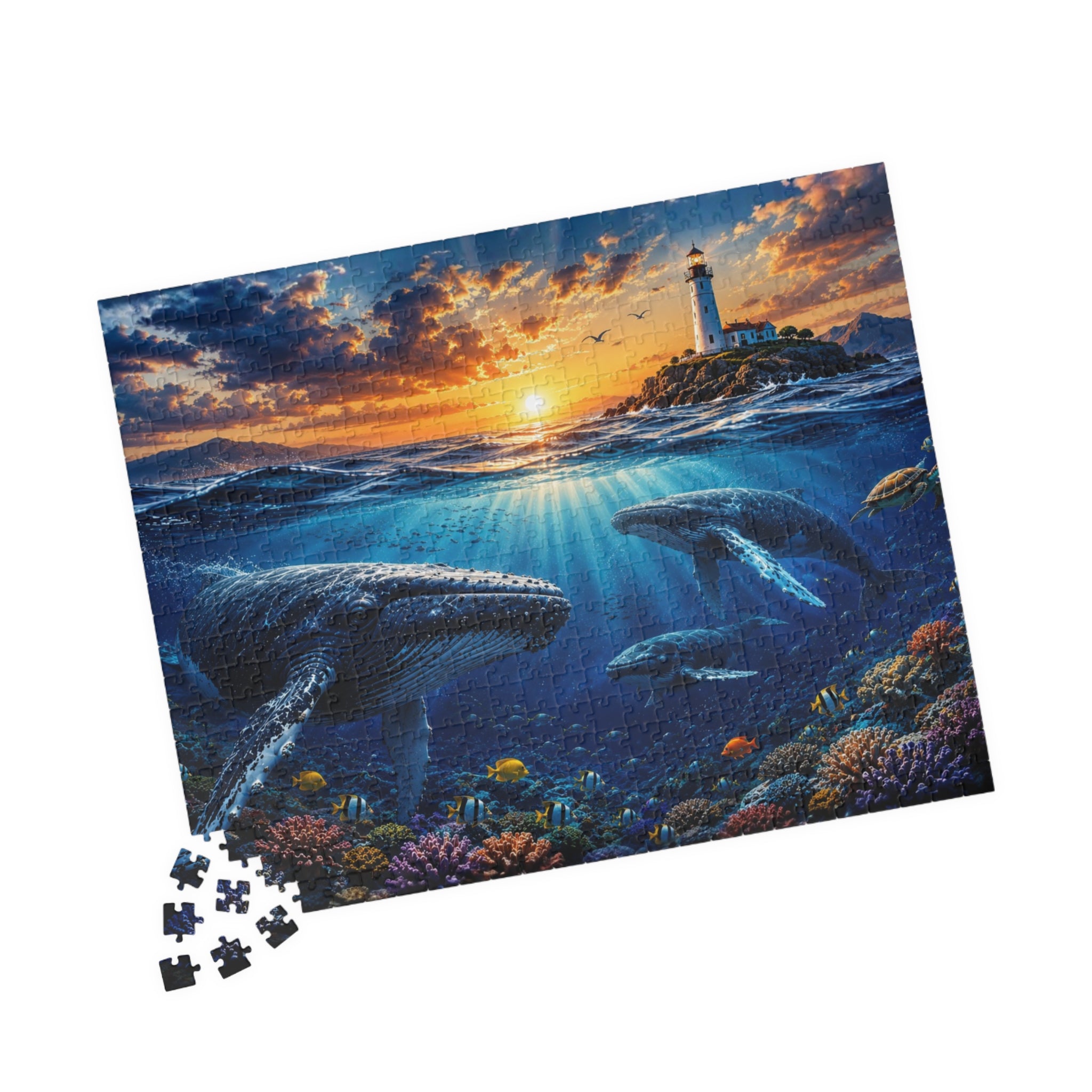 Ocean Lighthouse Puzzle – Whales Under the Sea Jigsaw Puzzle, Coastal Sunset Puzzle, Ocean Lover Gift, 250, 500 or 1000 Pieces