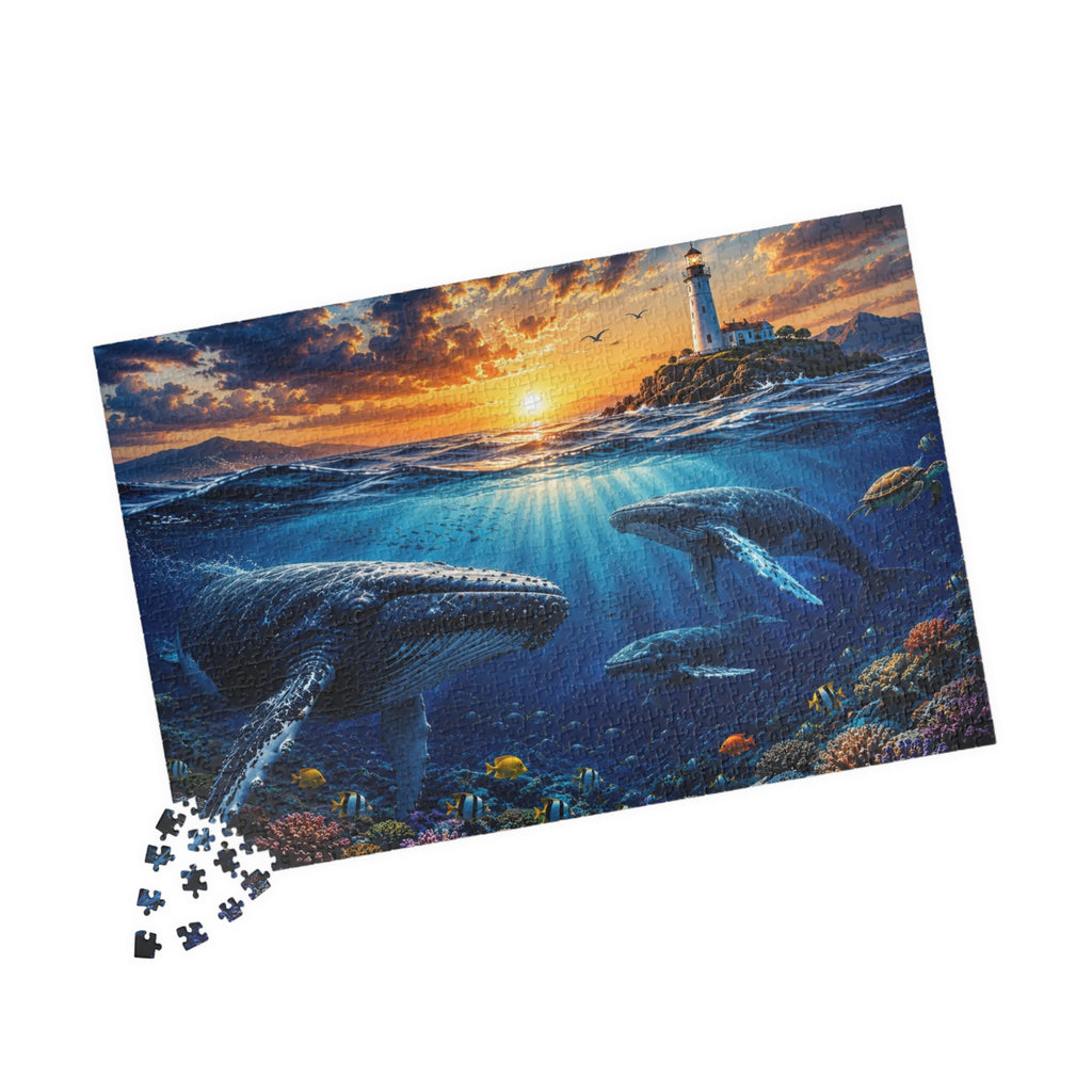 Ocean Lighthouse Puzzle – Whales Under the Sea Jigsaw Puzzle, Coastal Sunset Puzzle, Ocean Lover Gift, 250, 500 or 1000 Pieces