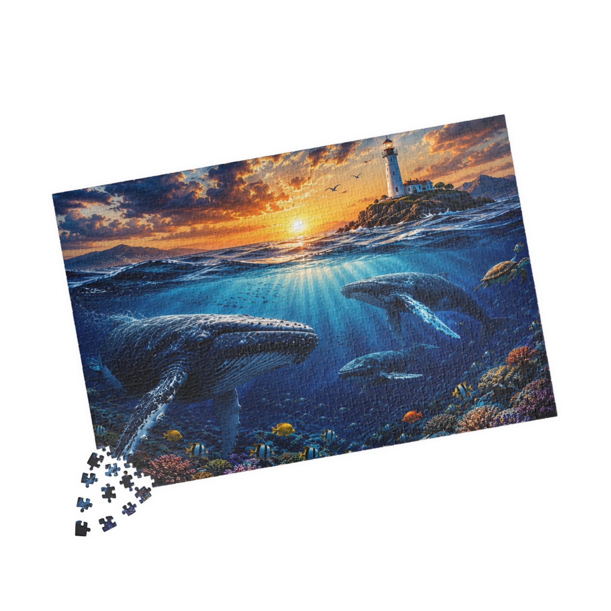 Ocean Lighthouse Puzzle – Whales Under the Sea Jigsaw Puzzle, Coastal Sunset Puzzle, Ocean Lover Gift, 250, 500 or 1000 Pieces
