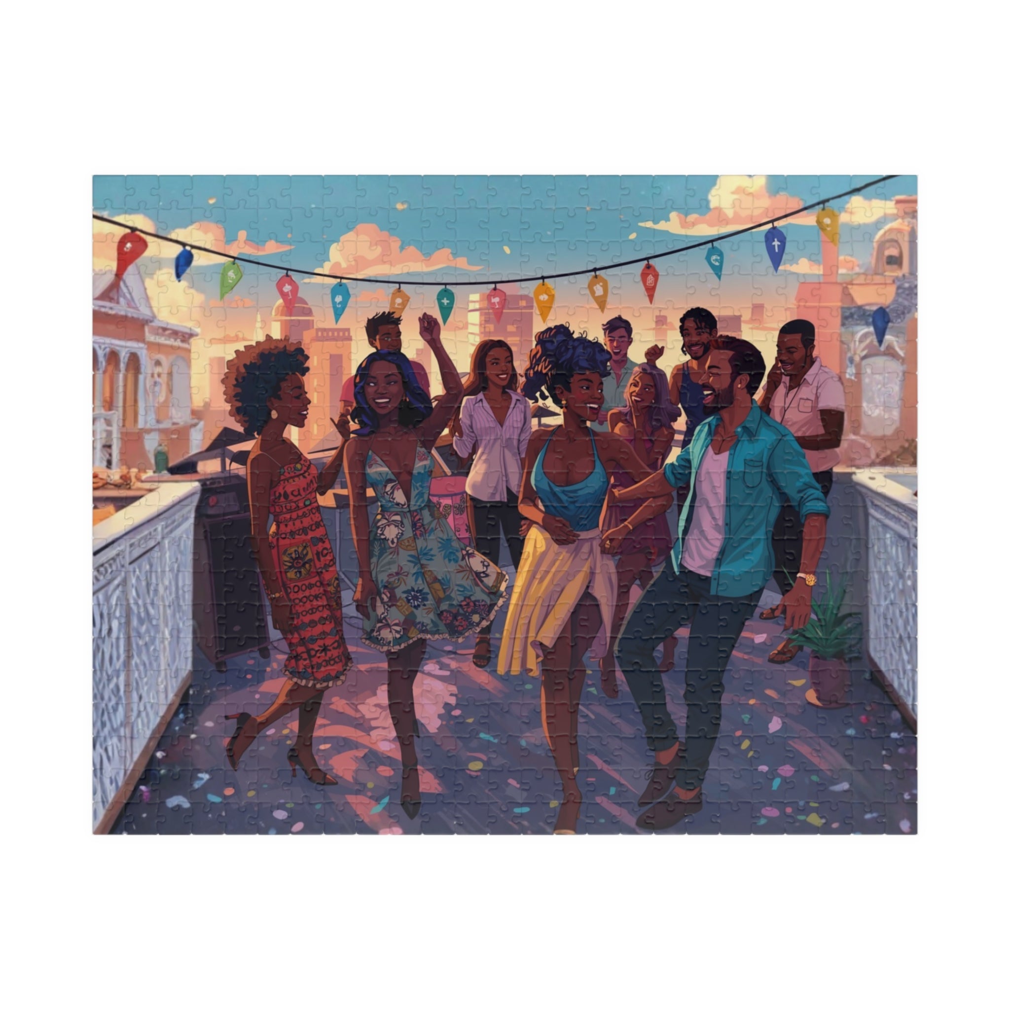 Sunset Rooftop Puzzle – 1000 Piece Jigsaw Puzzle, Party Scene Puzzle, Colorful City Night Puzzle, Gift for Puzzle Lovers