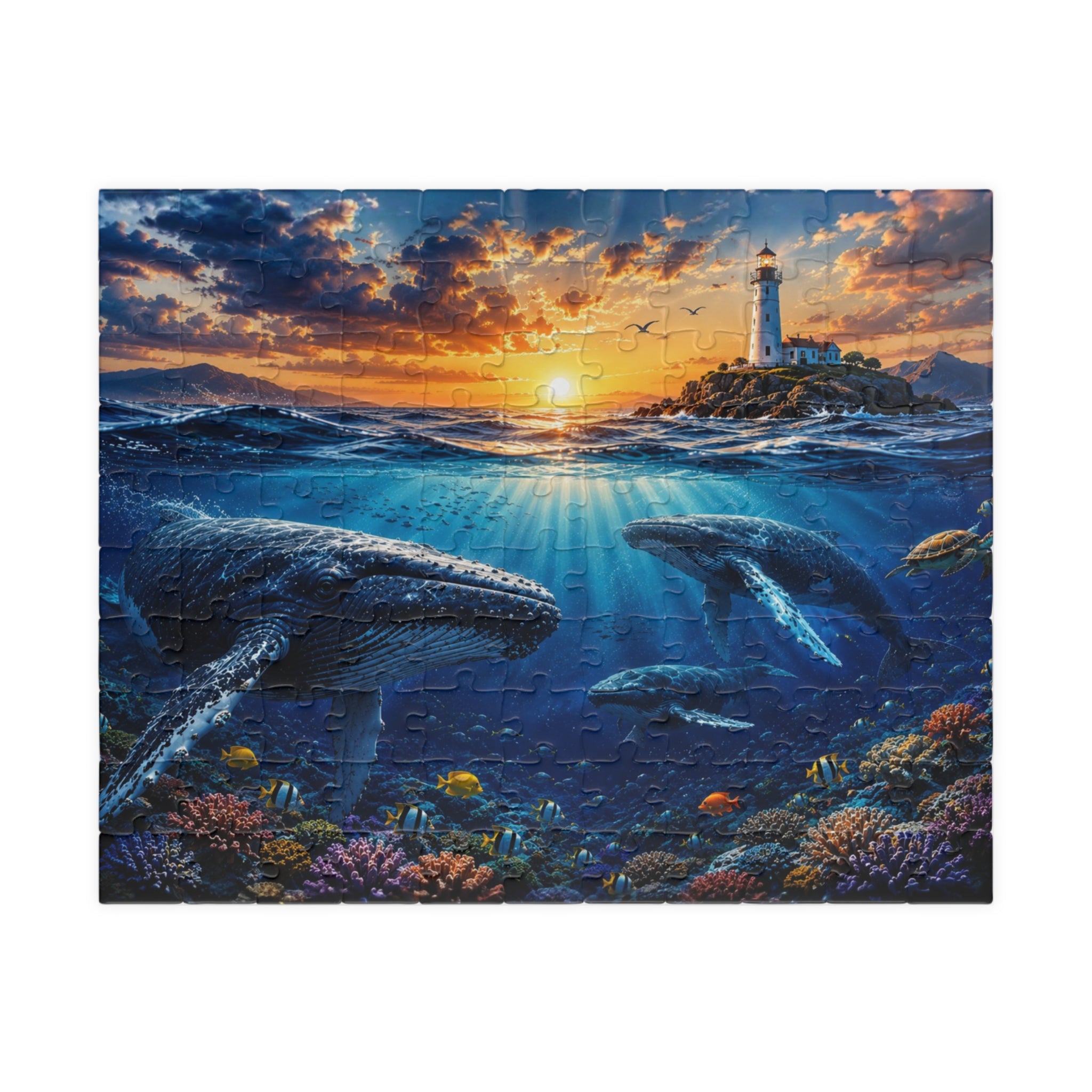 Ocean Lighthouse Puzzle – Whales Under the Sea Jigsaw Puzzle, Coastal Sunset Puzzle, Ocean Lover Gift, 250, 500 or 1000 Pieces