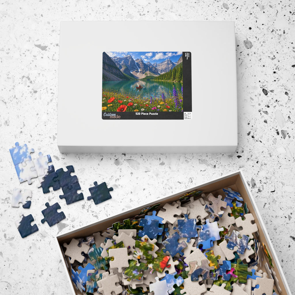 Mountain Lake Canoe Puzzle – Scenic Nature Jigsaw Puzzle, Alpine Lake & Wildflowers, Relaxing Landscape Puzzle, Gift for Nature Lovers