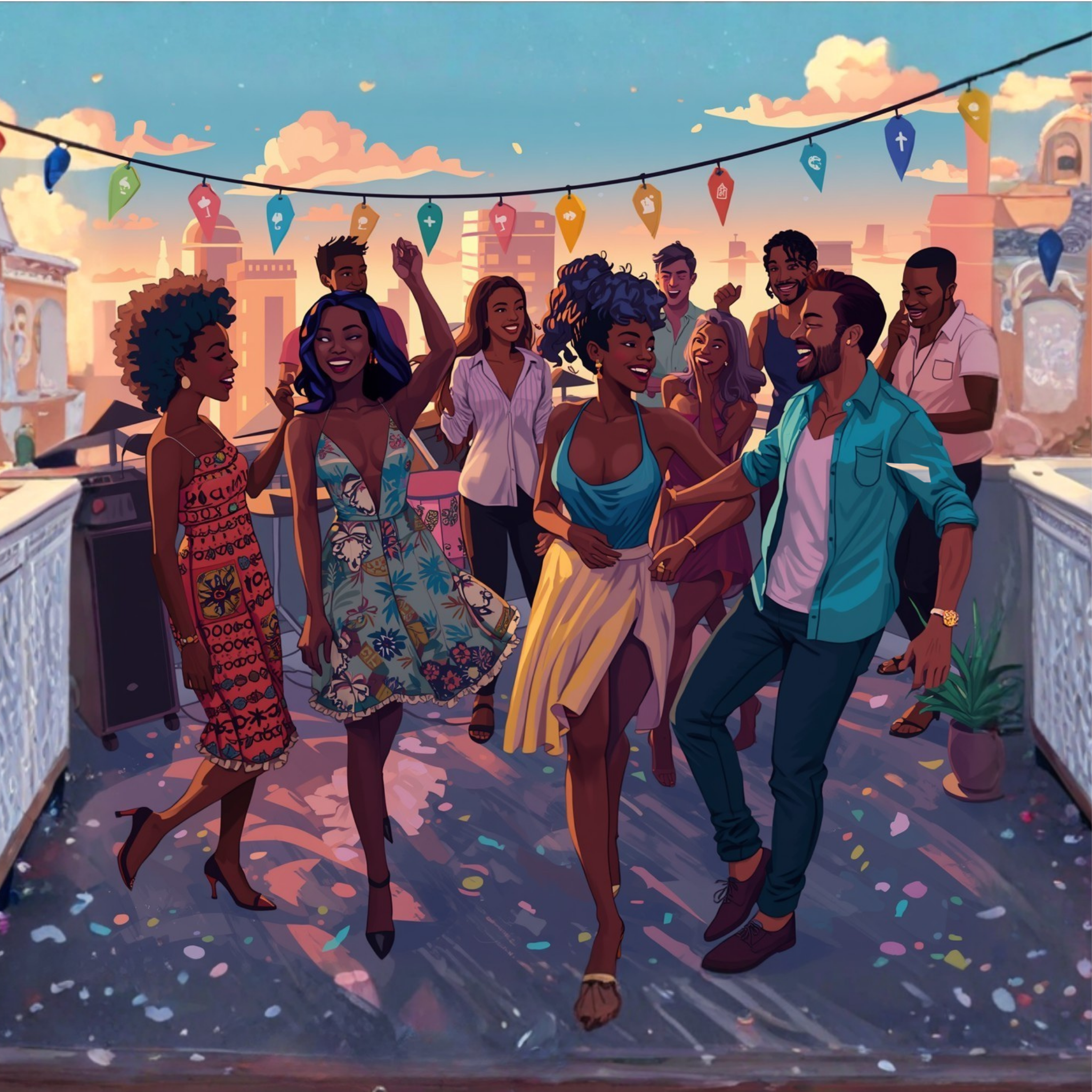 Sunset Rooftop Puzzle – 1000 Piece Jigsaw Puzzle, Party Scene Puzzle, Colorful City Night Puzzle, Gift for Puzzle Lovers