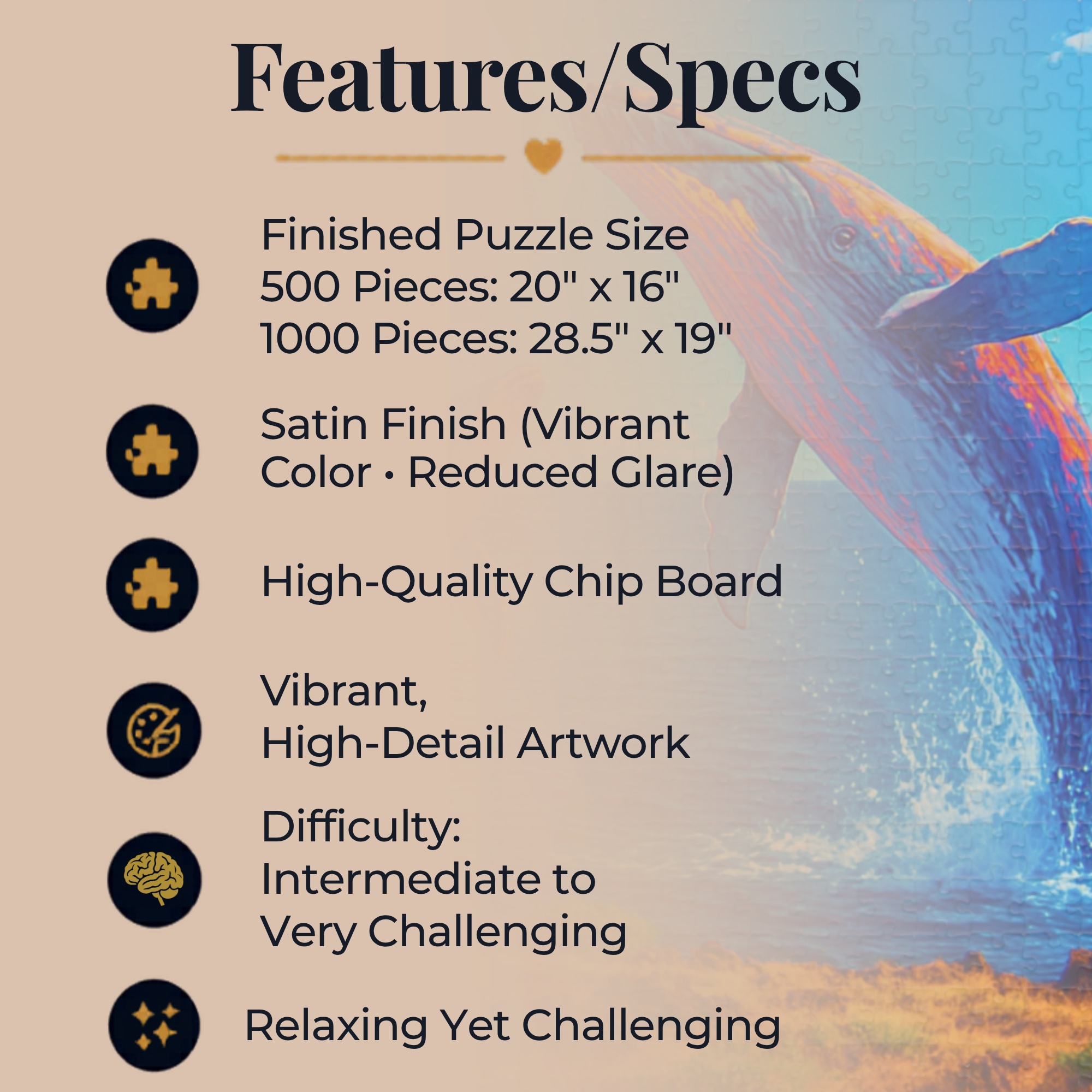 Whale Jigsaw Puzzle 1000 Piece – Ocean Puzzle for Adults, Relaxing Art Puzzle, Unique Gift for Puzzle Lovers, 500 or 1000 Pieces