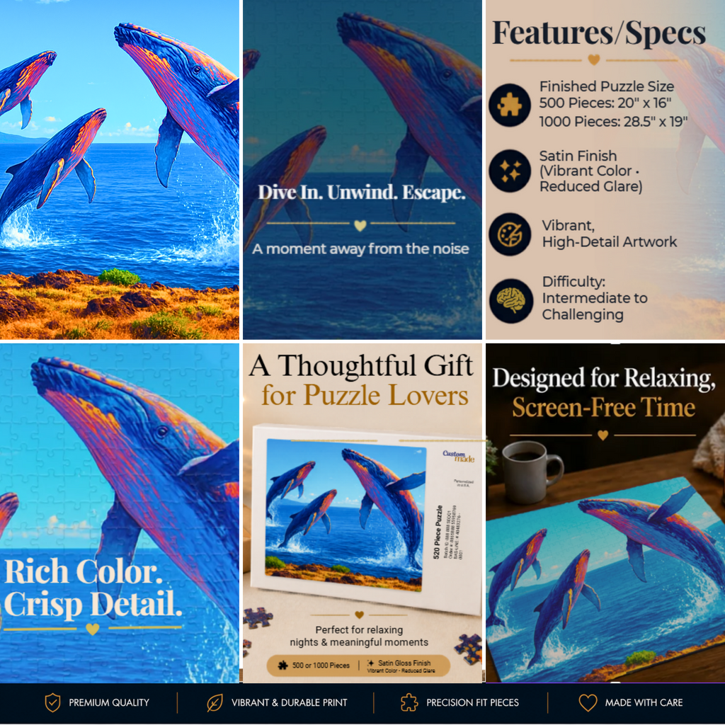 Whale Jigsaw Puzzle 1000 Piece – Ocean Puzzle for Adults, Relaxing Art Puzzle, Unique Gift for Puzzle Lovers, 500 or 1000 Pieces