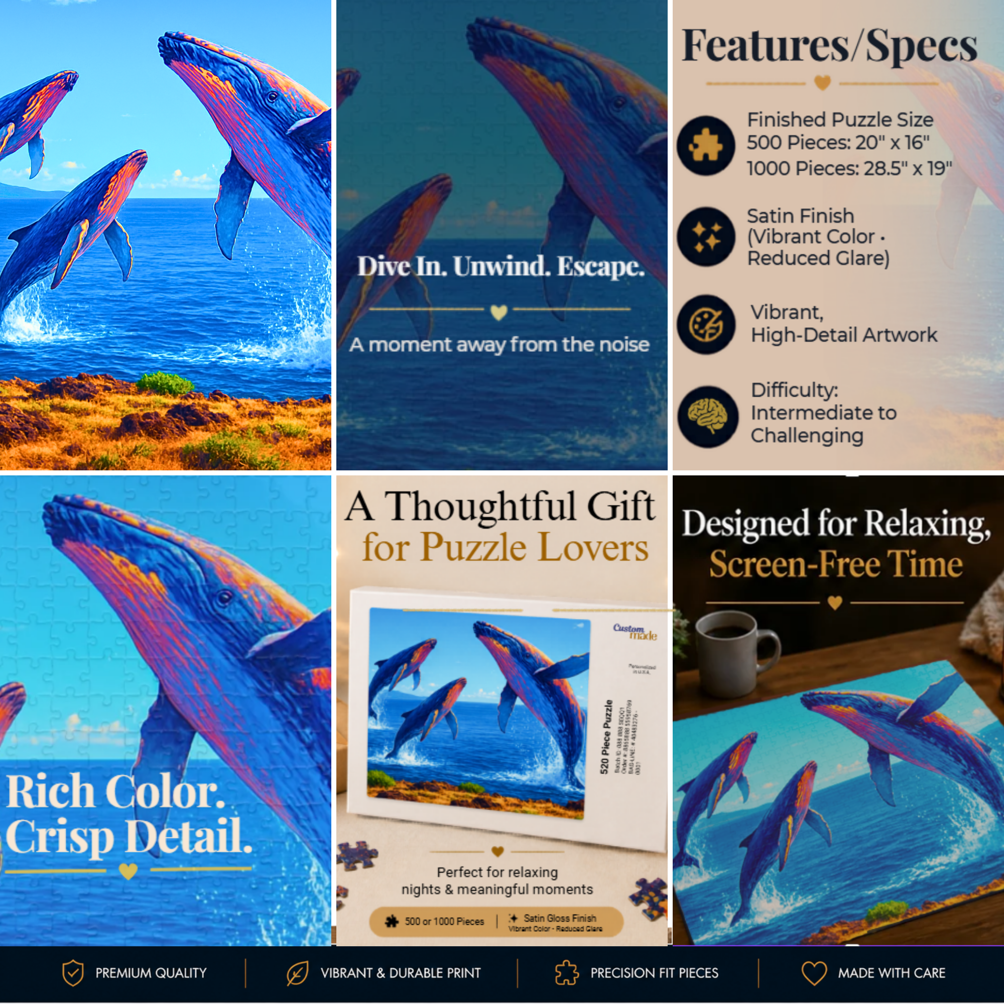 Whale Jigsaw Puzzle 1000 Piece – Ocean Puzzle for Adults, Relaxing Art Puzzle, Unique Gift for Puzzle Lovers, 500 or 1000 Pieces