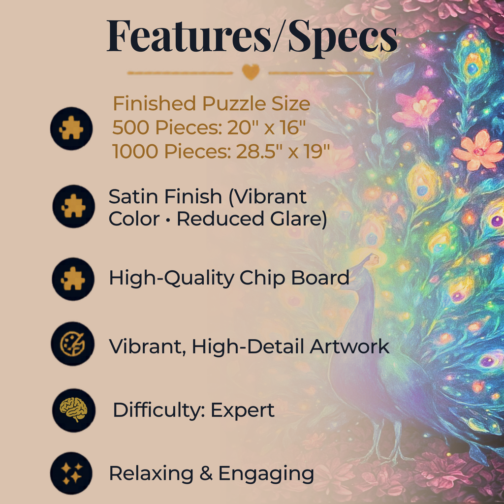 Peacock Jigsaw Puzzle 500 or 1000 Piece Colorful Bird Puzzle, Vibrant Art Puzzle, Unique Gift for Adults