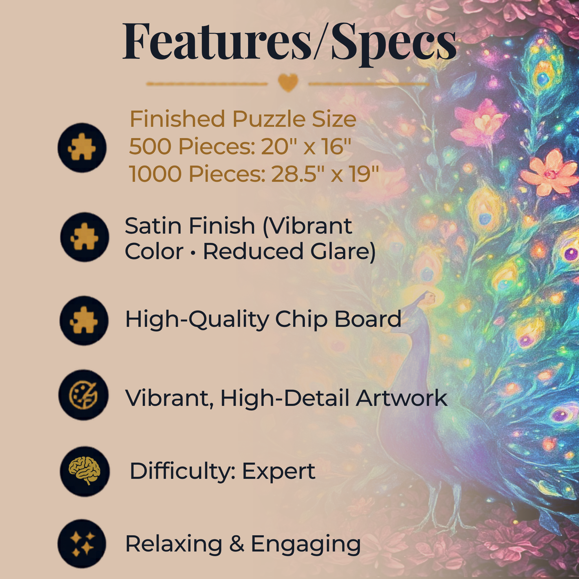 Peacock Jigsaw Puzzle 500 or 1000 Piece Colorful Bird Puzzle, Vibrant Art Puzzle, Unique Gift for Adults