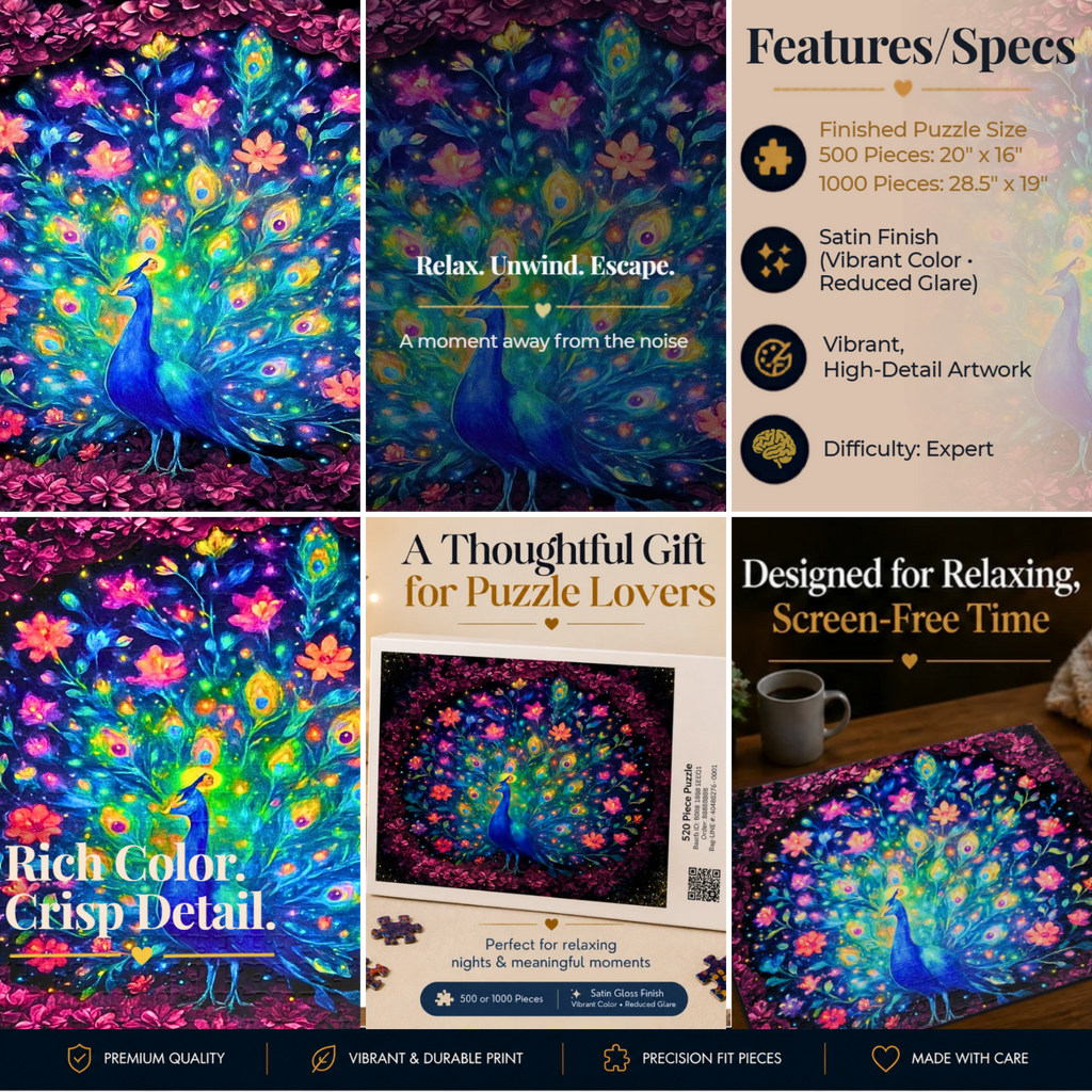 Peacock Jigsaw Puzzle 500 or 1000 Piece Colorful Bird Puzzle, Vibrant Art Puzzle, Unique Gift for Adults
