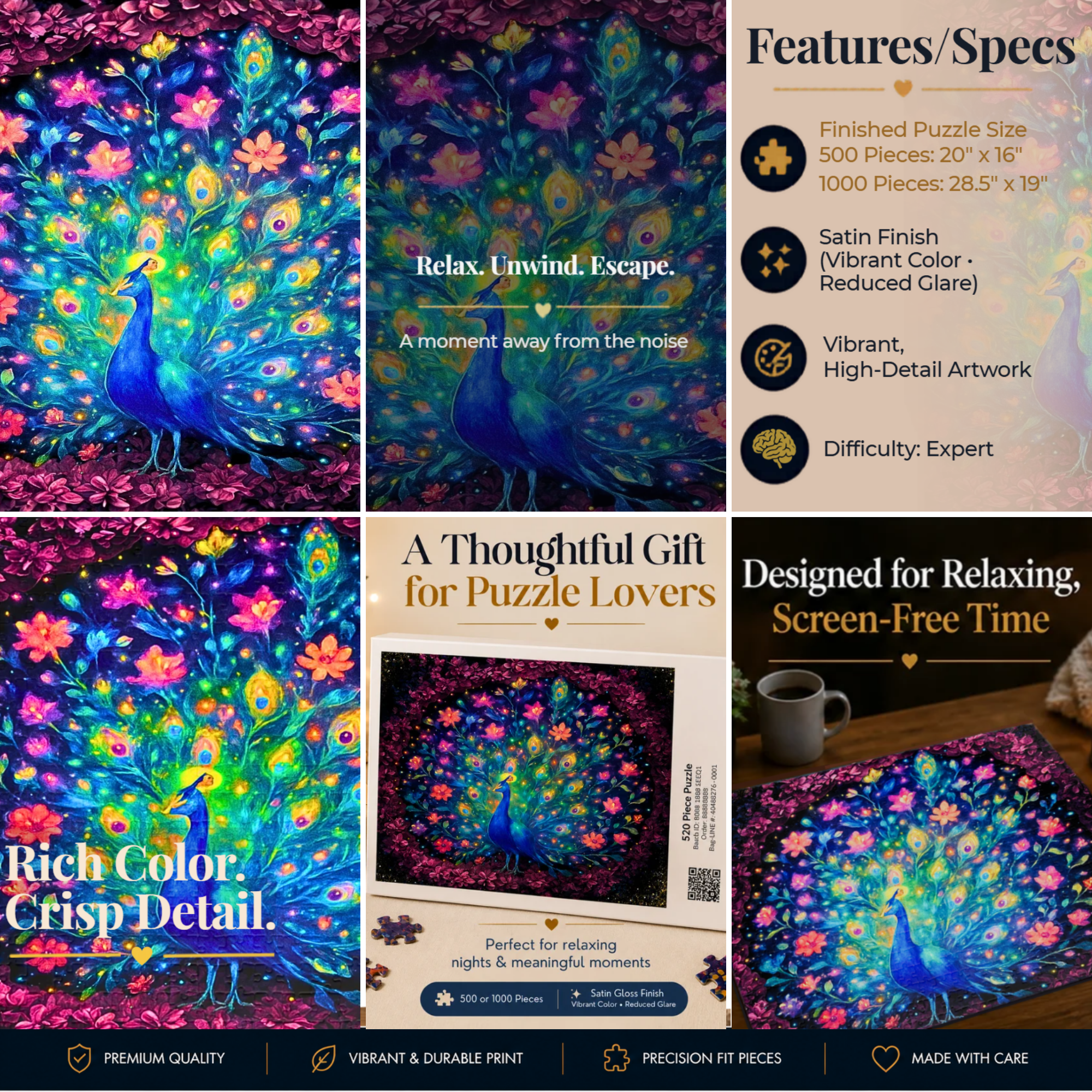 Peacock Jigsaw Puzzle 500 or 1000 Piece Colorful Bird Puzzle, Vibrant Art Puzzle, Unique Gift for Adults
