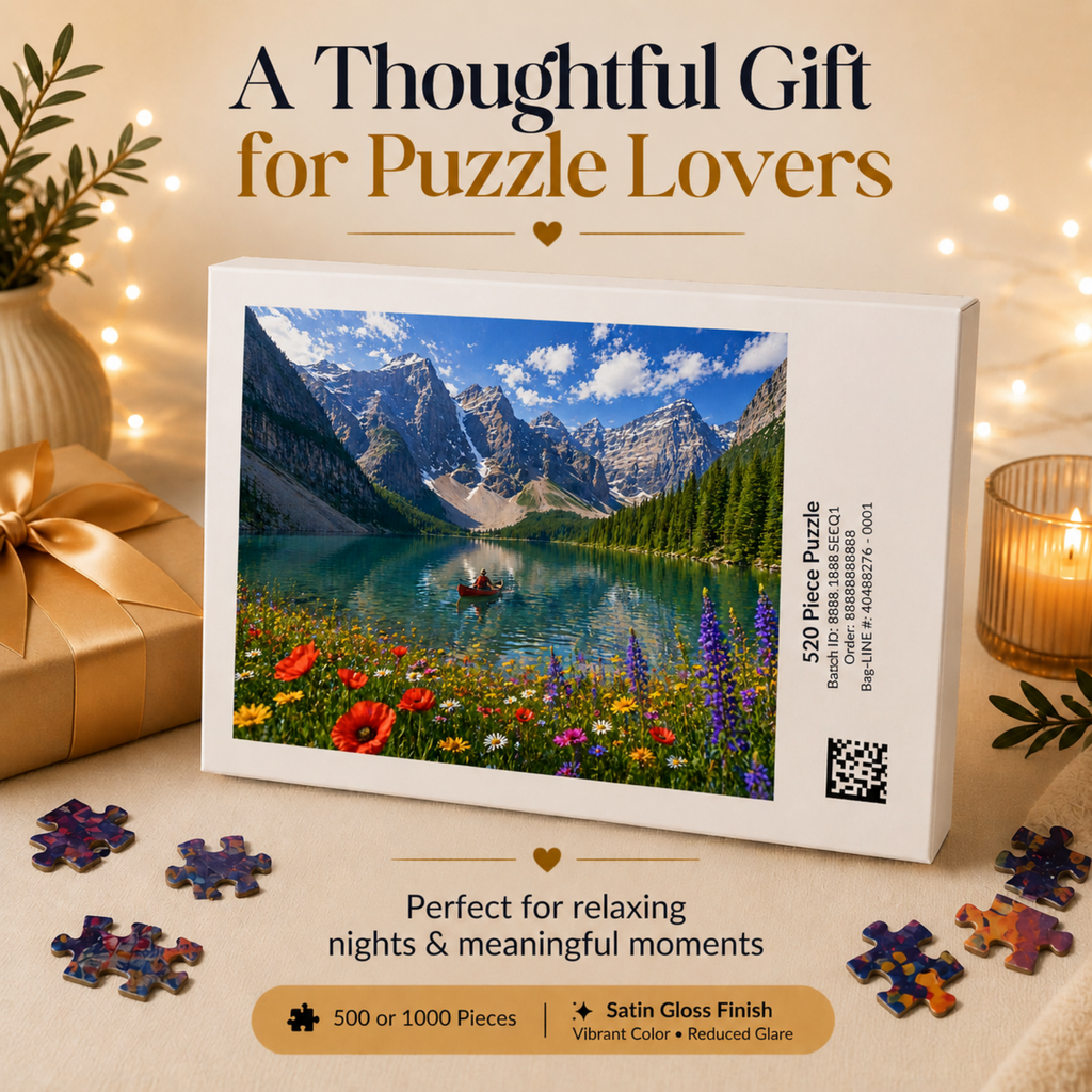 Mountain Lake Canoe Puzzle – Scenic Nature Jigsaw Puzzle, Alpine Lake & Wildflowers, Relaxing Landscape Puzzle, Gift for Nature Lovers