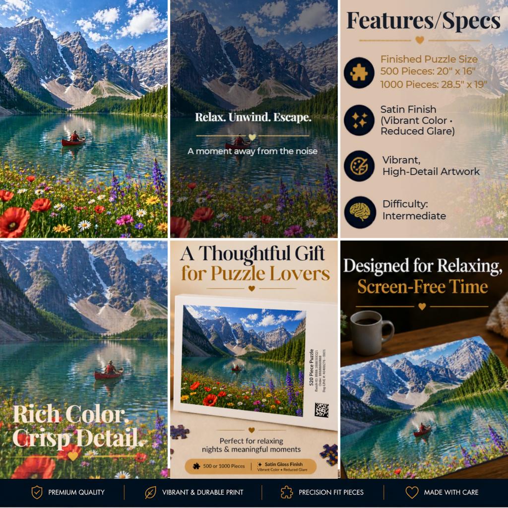 Mountain Lake Canoe Puzzle – Scenic Nature Jigsaw Puzzle, Alpine Lake & Wildflowers, Relaxing Landscape Puzzle, Gift for Nature Lovers