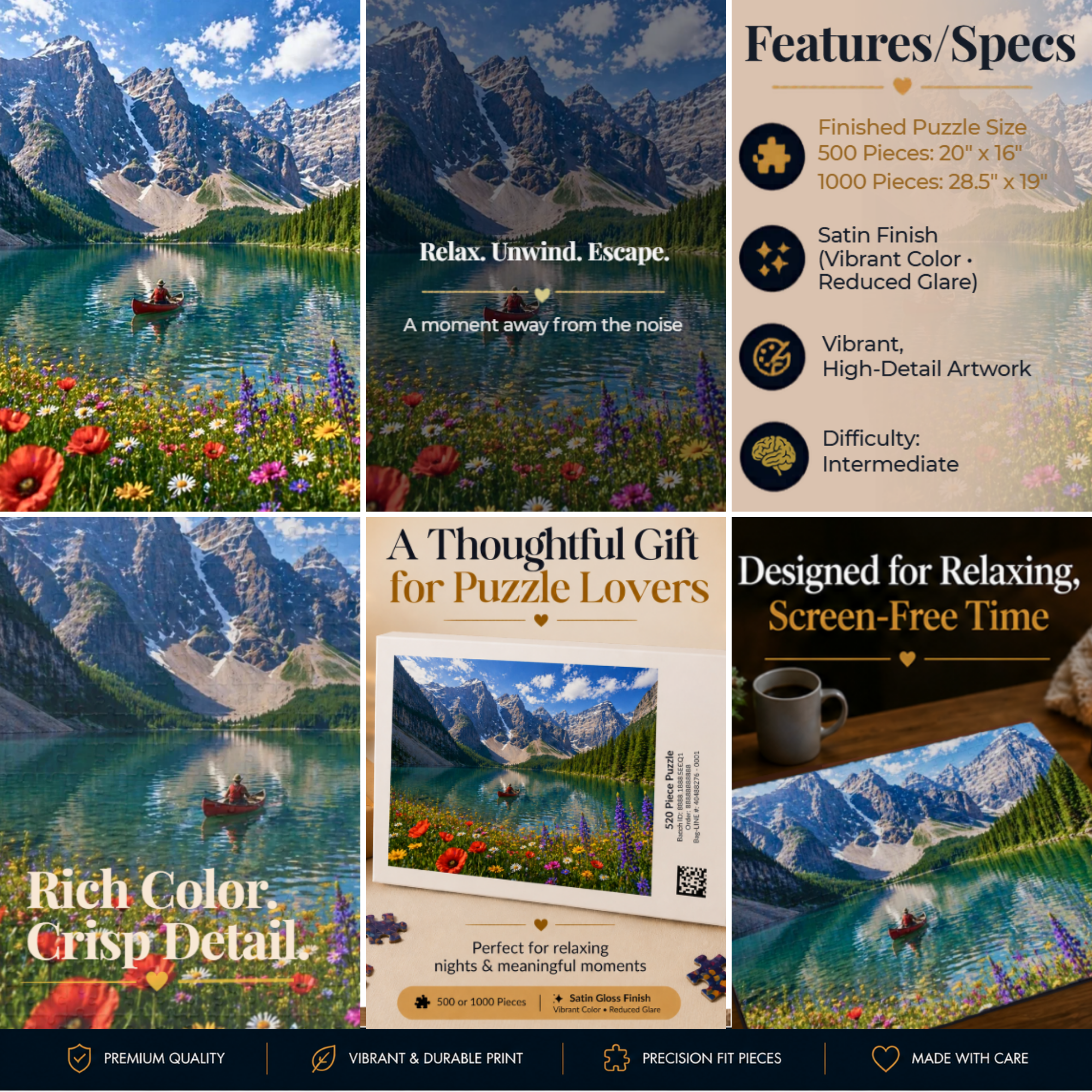 Mountain Lake Canoe Puzzle – Scenic Nature Jigsaw Puzzle, Alpine Lake & Wildflowers, Relaxing Landscape Puzzle, Gift for Nature Lovers