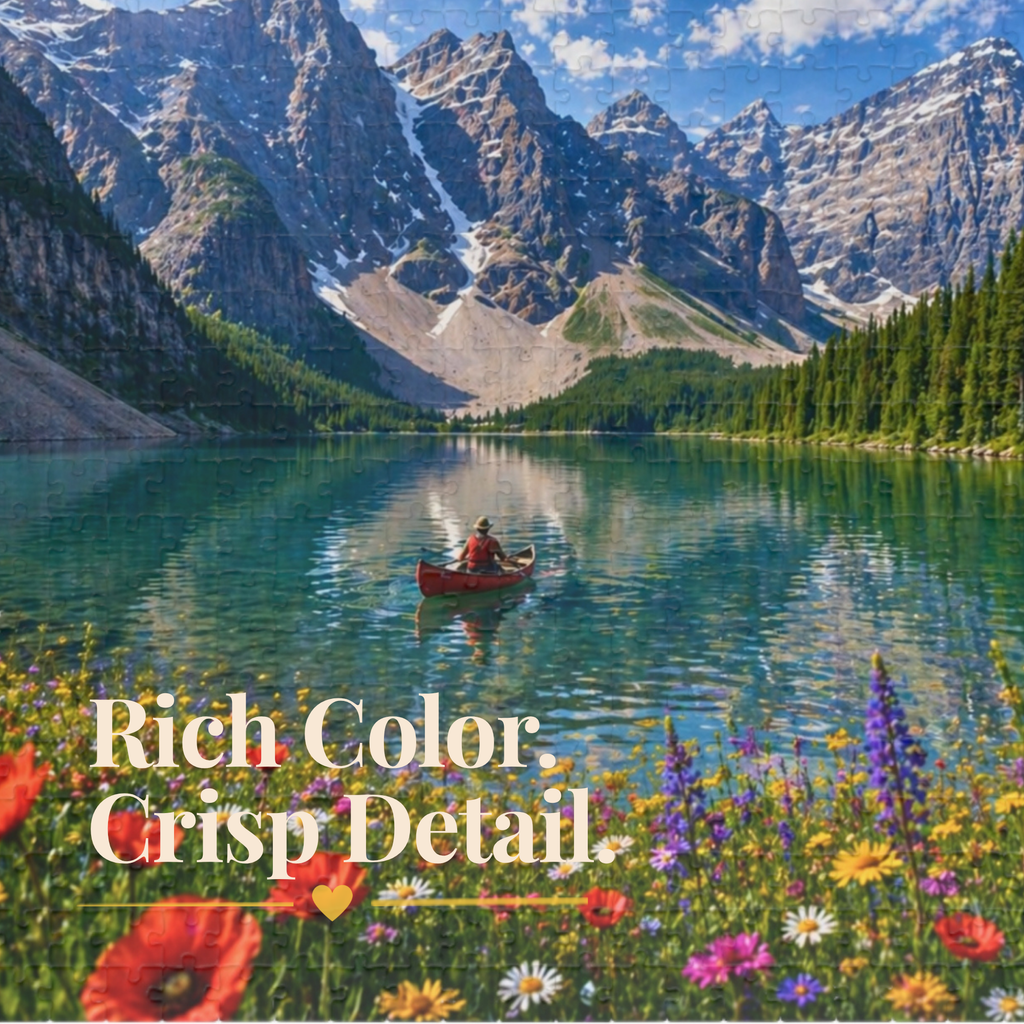 Mountain Lake Canoe Puzzle – Scenic Nature Jigsaw Puzzle, Alpine Lake & Wildflowers, Relaxing Landscape Puzzle, Gift for Nature Lovers