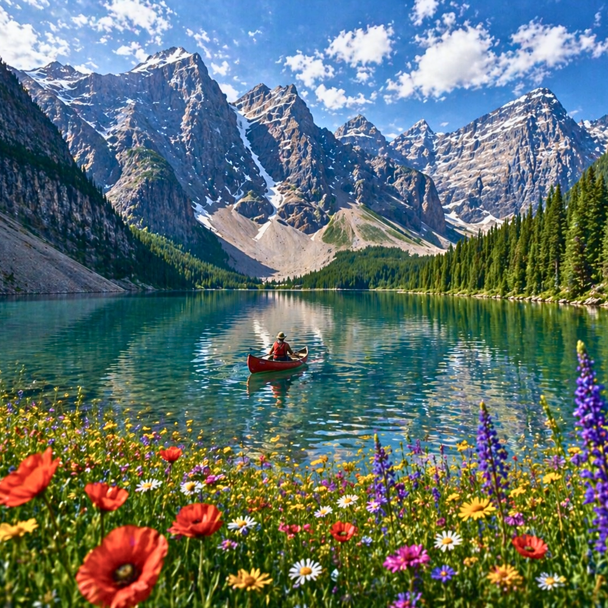 Mountain Lake Canoe Puzzle – Scenic Nature Jigsaw Puzzle, Alpine Lake & Wildflowers, Relaxing Landscape Puzzle, Gift for Nature Lovers