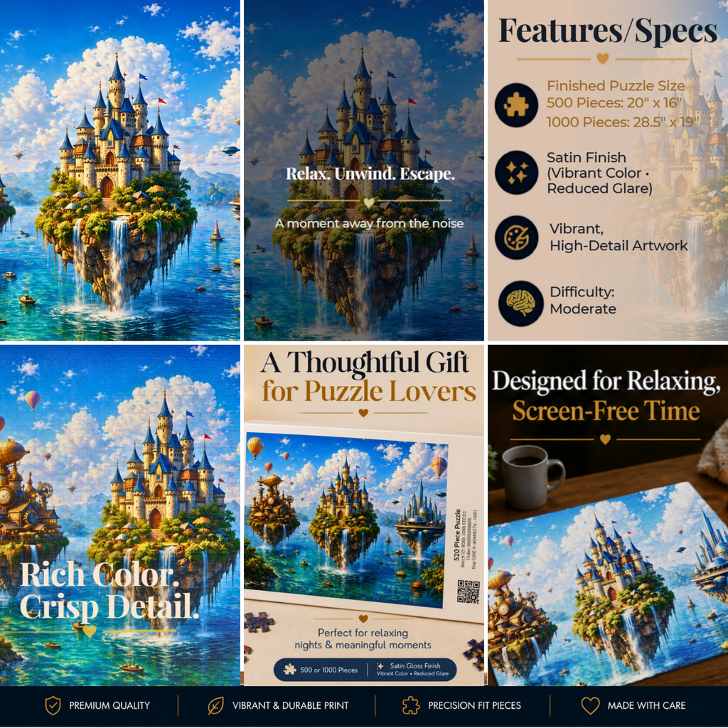 Floating Islands Puzzle – 500 Piece Jigsaw Puzzle, Fantasy Castle Landscape Puzzle, Relaxing Escape Puzzle