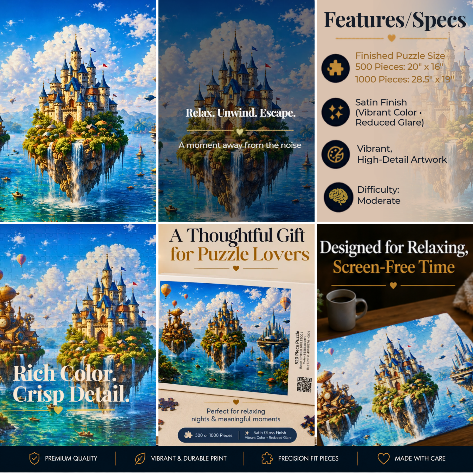 Floating Islands Puzzle – 500 Piece Jigsaw Puzzle, Fantasy Castle Landscape Puzzle, Relaxing Escape Puzzle