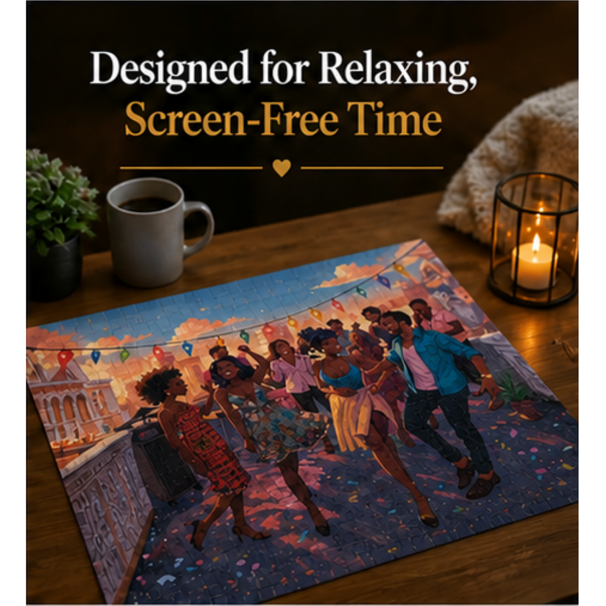 Sunset Rooftop Puzzle – 500 Piece Jigsaw Puzzle, Party Scene Puzzle, Colorful City Night Puzzle, Gift for Puzzle Lovers