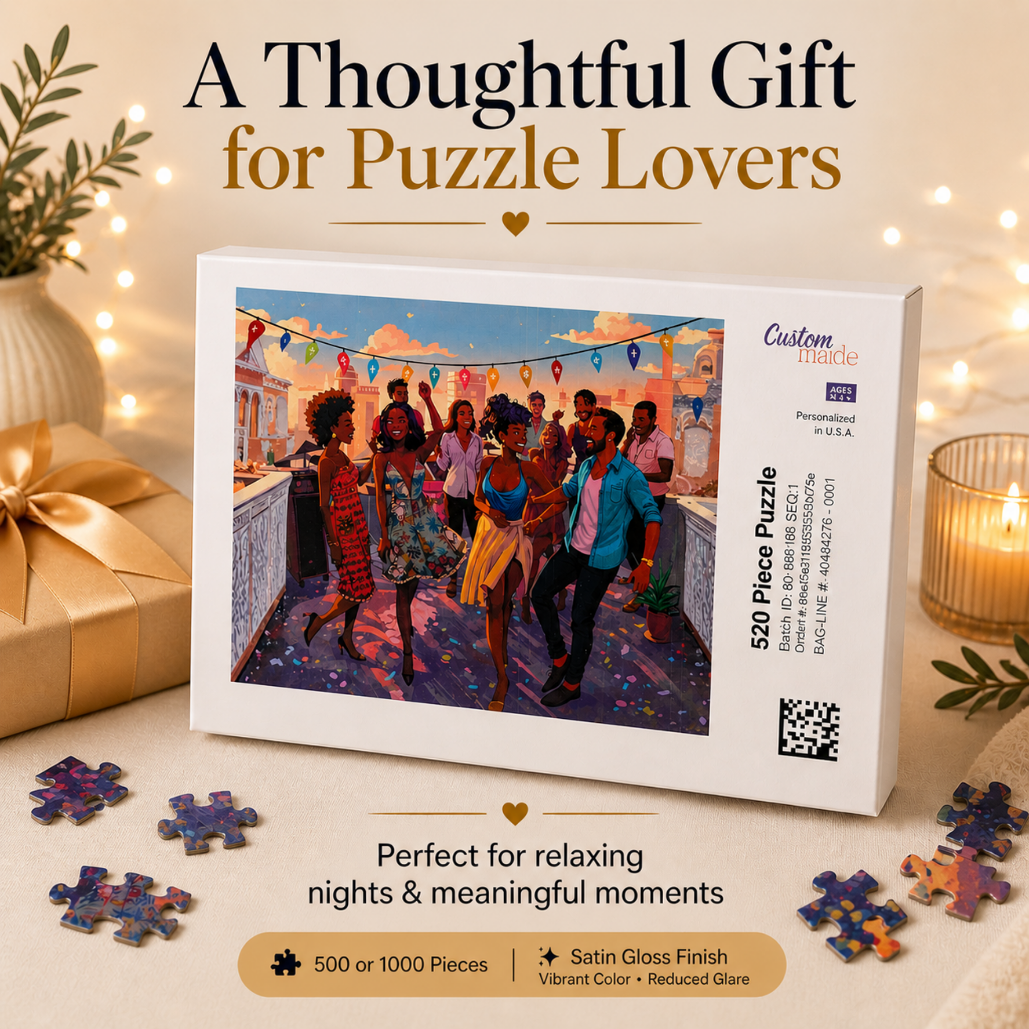 Sunset Rooftop Puzzle – 500 Piece Jigsaw Puzzle, Party Scene Puzzle, Colorful City Night Puzzle, Gift for Puzzle Lovers