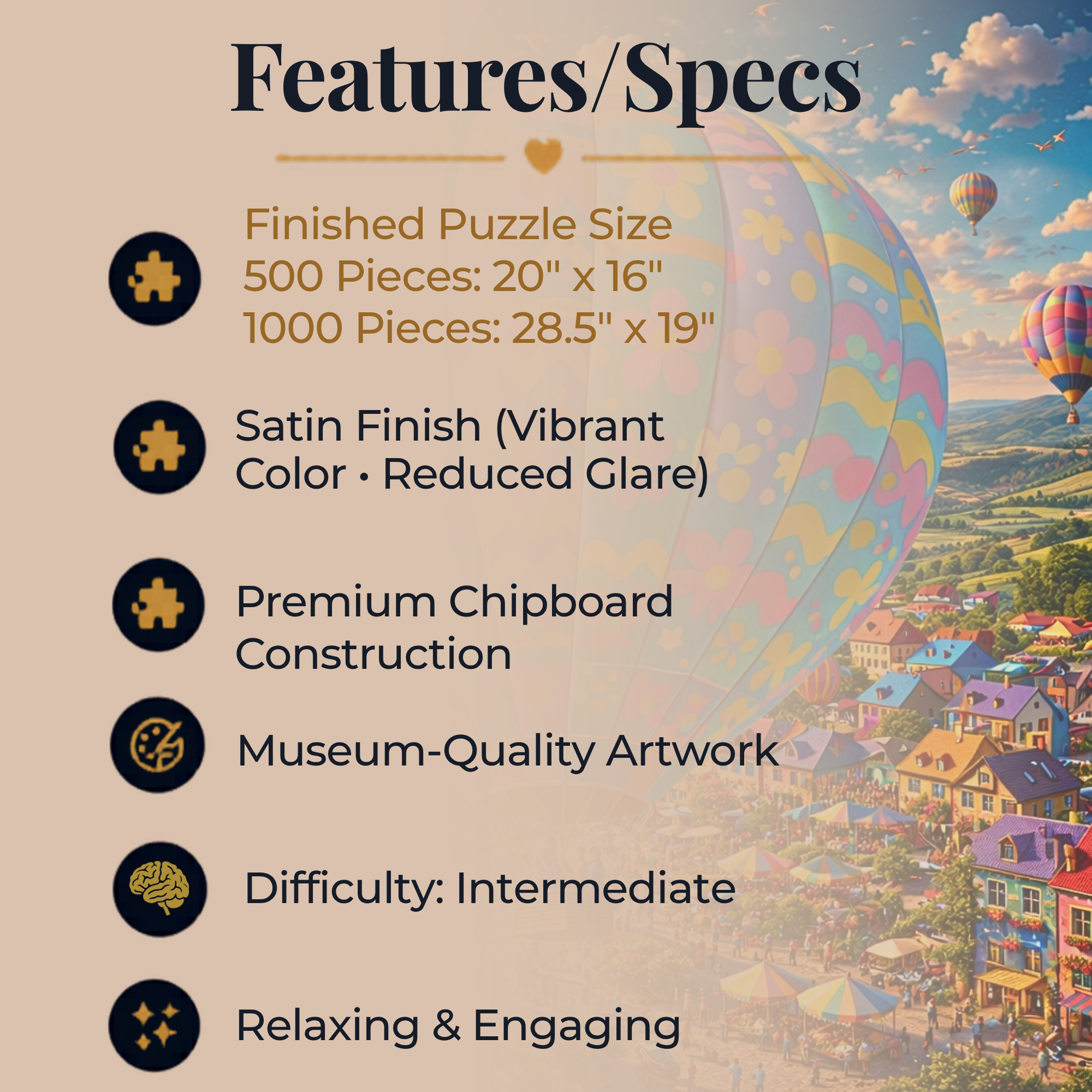 Hot Air Balloon Puzzle 500 or 1000 Piece, Pastel Sky Landscape Jigsaw Puzzle, Dreamy Travel Art Puzzle