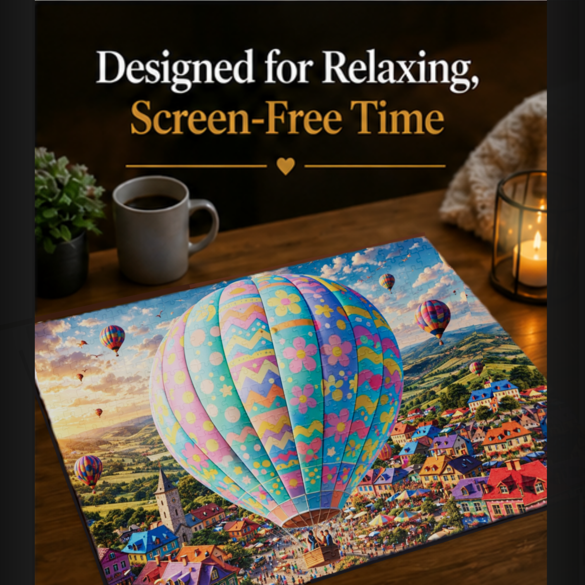 Hot Air Balloon Puzzle 500 or 1000 Piece, Pastel Sky Landscape Jigsaw Puzzle, Dreamy Travel Art Puzzle