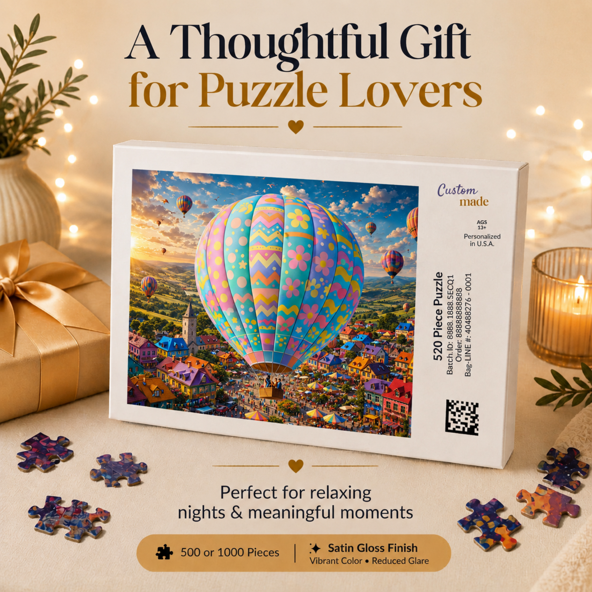 Hot Air Balloon Puzzle 500 or 1000 Piece, Pastel Sky Landscape Jigsaw Puzzle, Dreamy Travel Art Puzzle