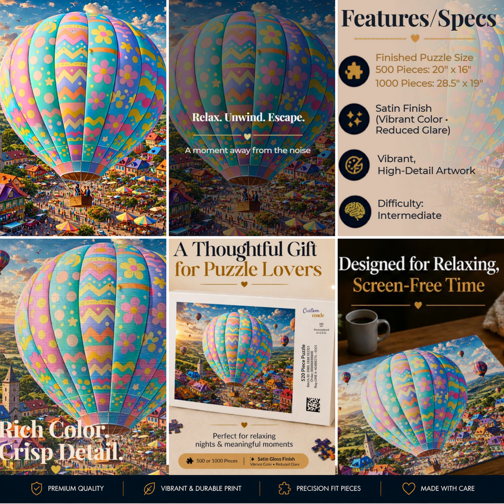 Hot Air Balloon Puzzle 500 or 1000 Piece, Pastel Sky Landscape Jigsaw Puzzle, Dreamy Travel Art Puzzle