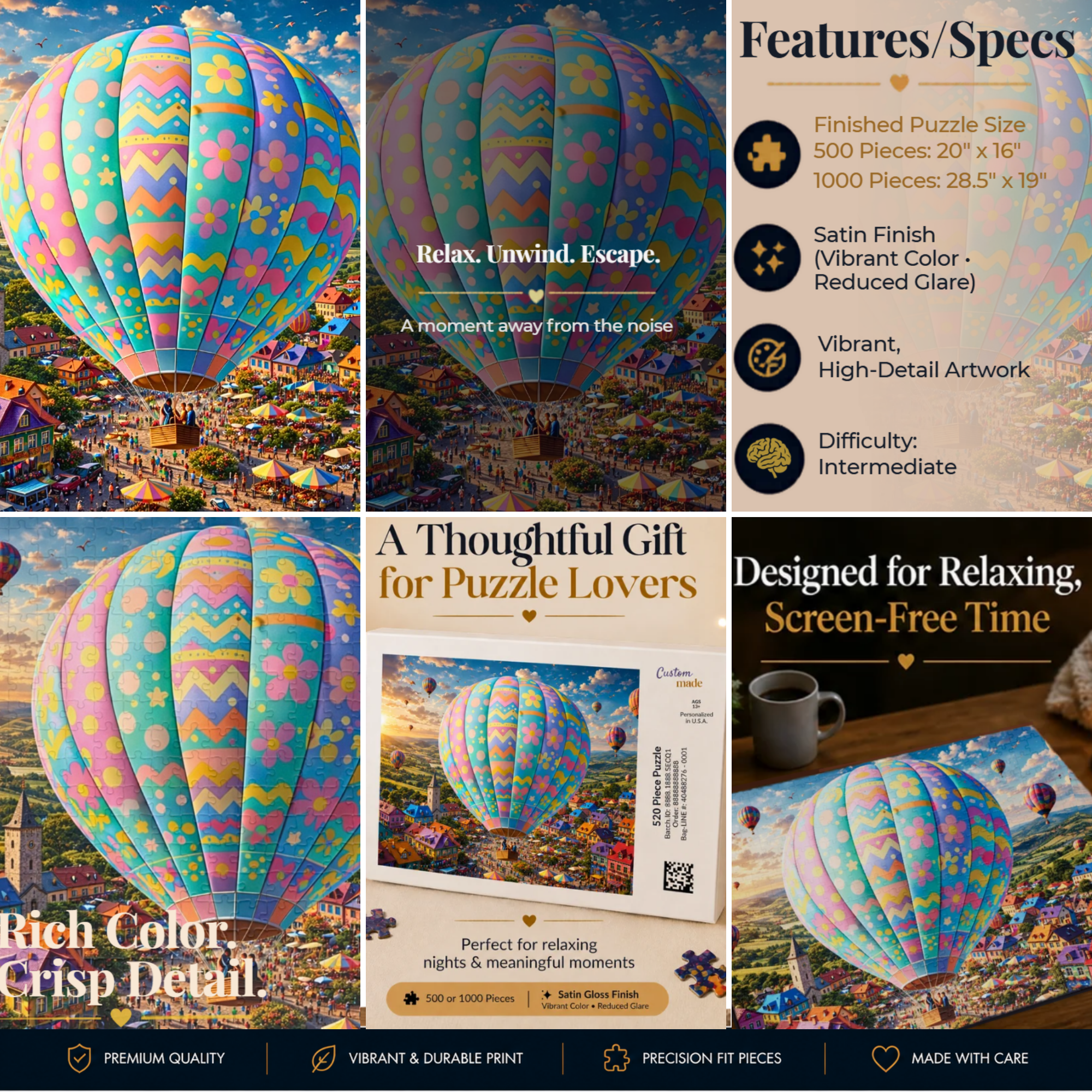 Hot Air Balloon Puzzle 500 or 1000 Piece, Pastel Sky Landscape Jigsaw Puzzle, Dreamy Travel Art Puzzle
