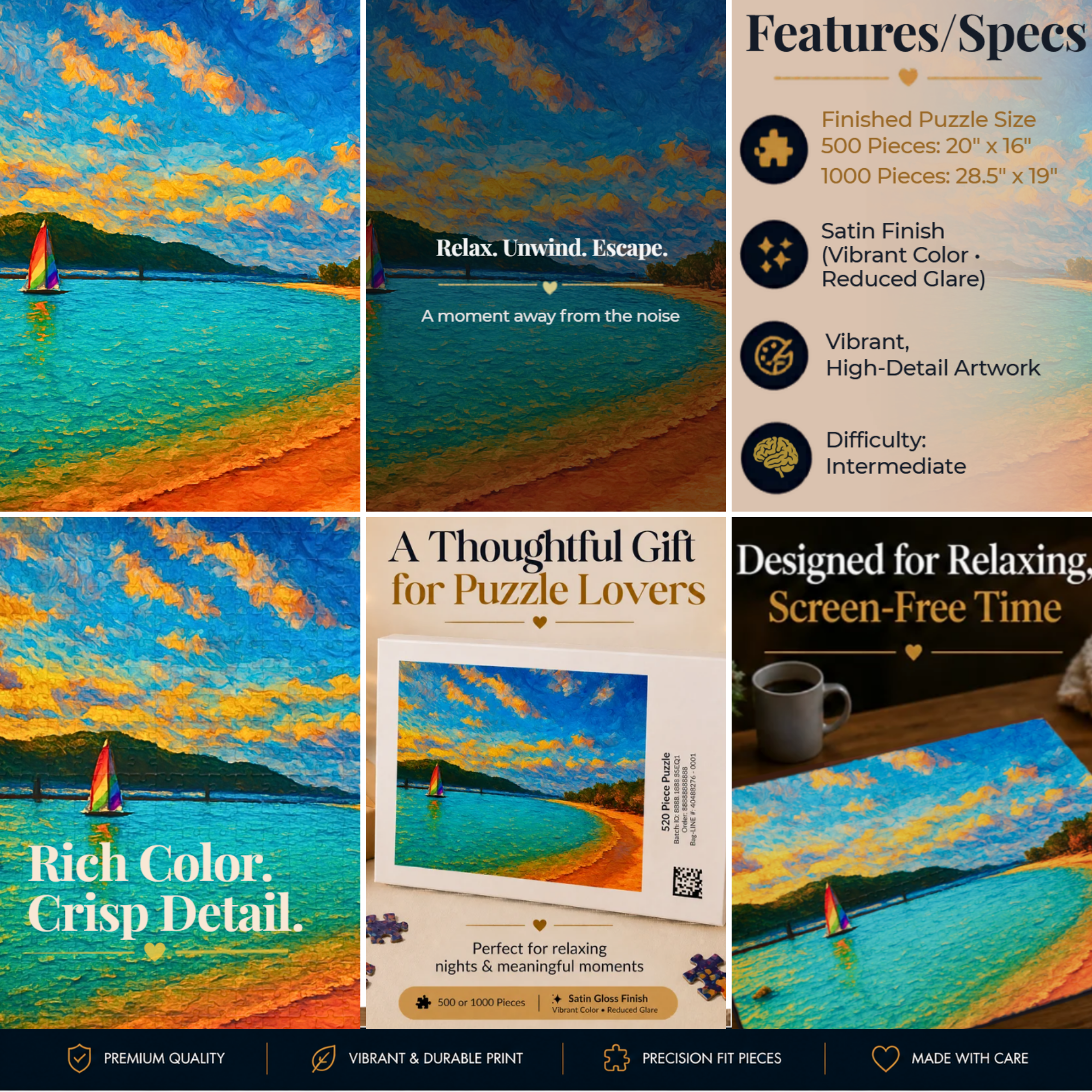 Abstract Landscape Puzzle 500 or 1000 Piece, Colorful Horizon Art Jigsaw Puzzle for Adults