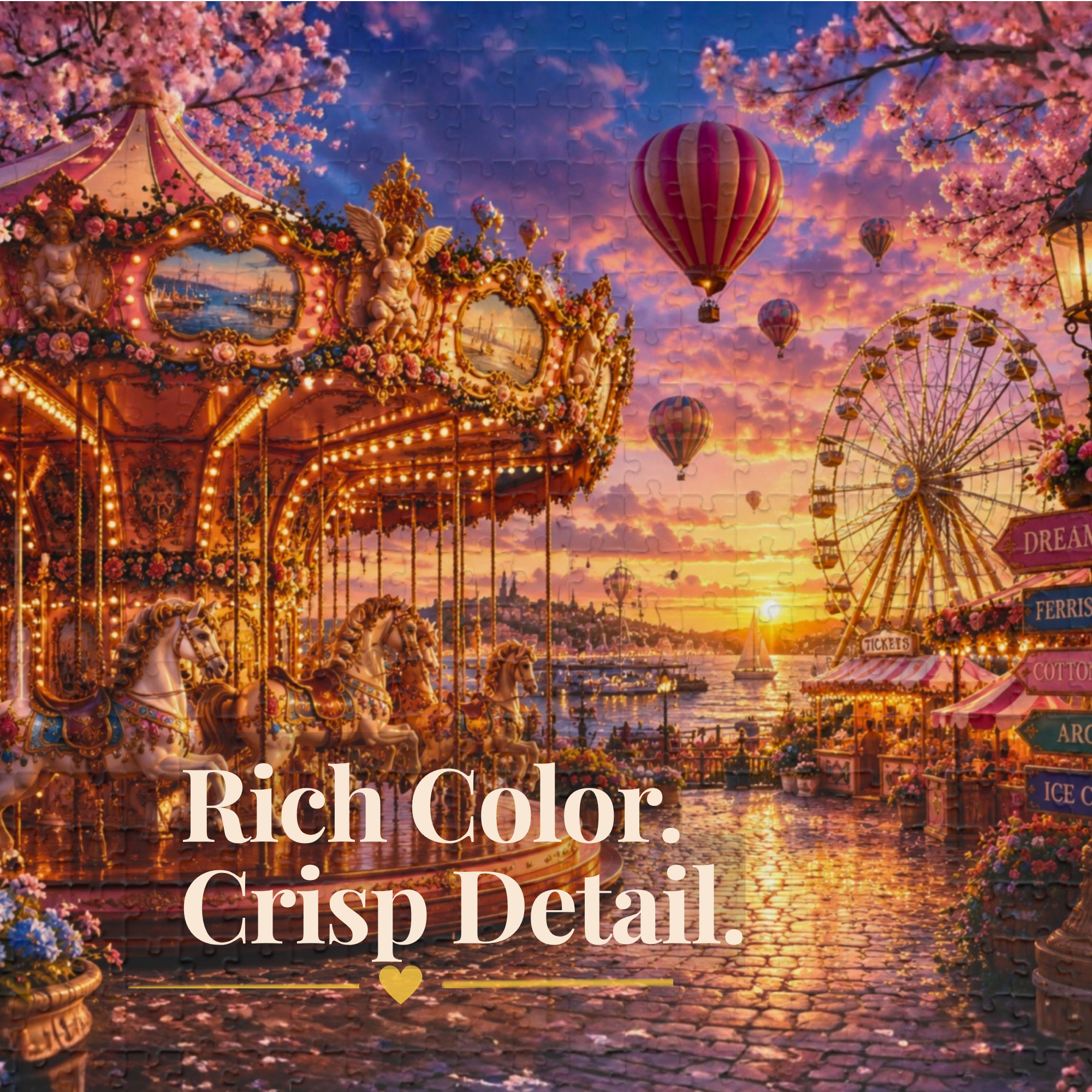 Dreamland Carousel Puzzle – Whimsical Carnival Jigsaw Puzzle, Ferris Wheel & Hot Air Balloons, Colorful Adult Puzzle, 100, 250, 500 or 1000 Pieces