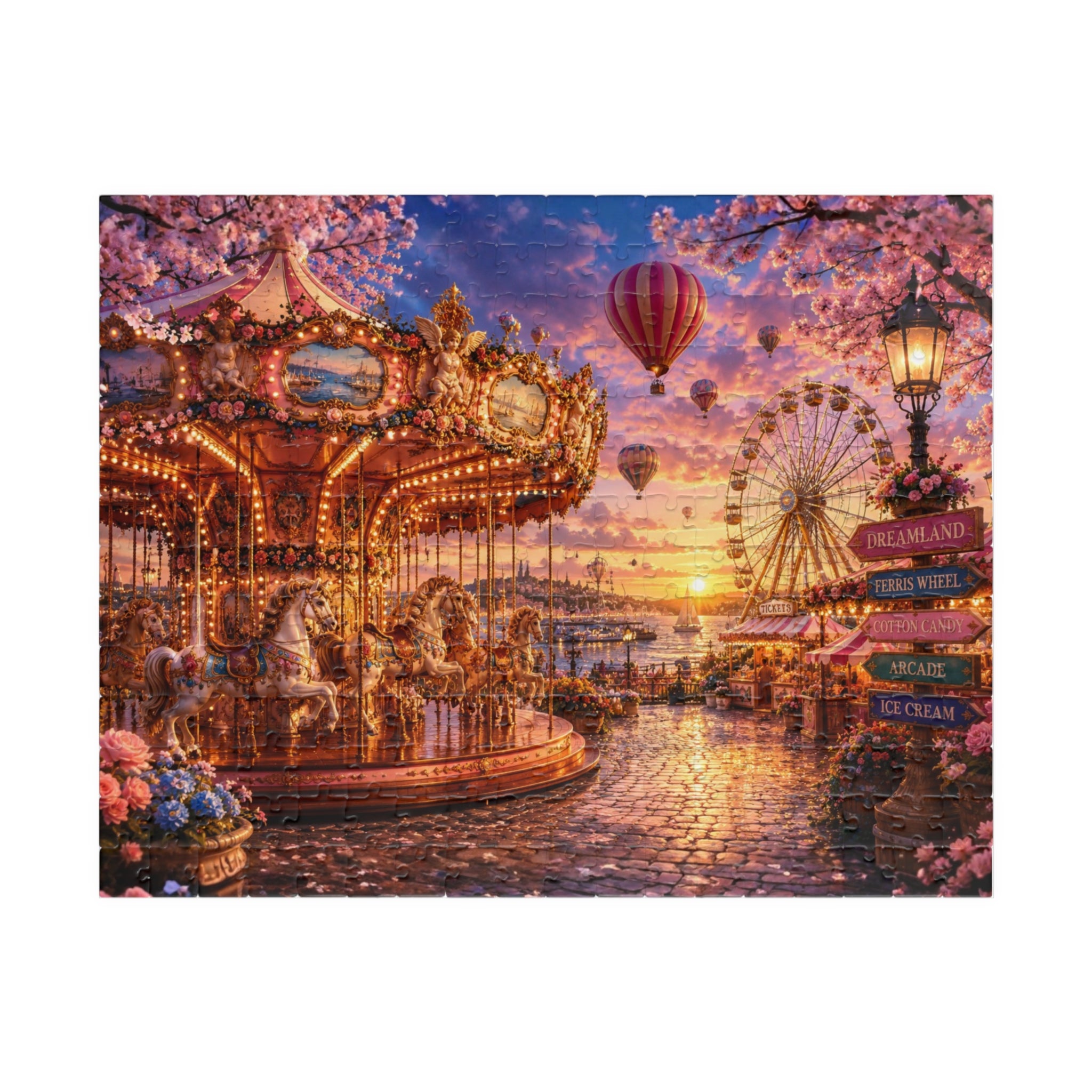 Dreamland Carousel Puzzle – Whimsical Carnival Jigsaw Puzzle, Ferris Wheel & Hot Air Balloons, Colorful Adult Puzzle, 100, 250, 500 or 1000 Pieces