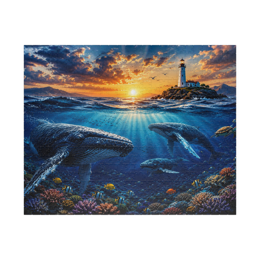 Ocean Lighthouse Puzzle – Whales Under the Sea Jigsaw Puzzle, Coastal Sunset Puzzle, Ocean Lover Gift, 250, 500 or 1000 Pieces
