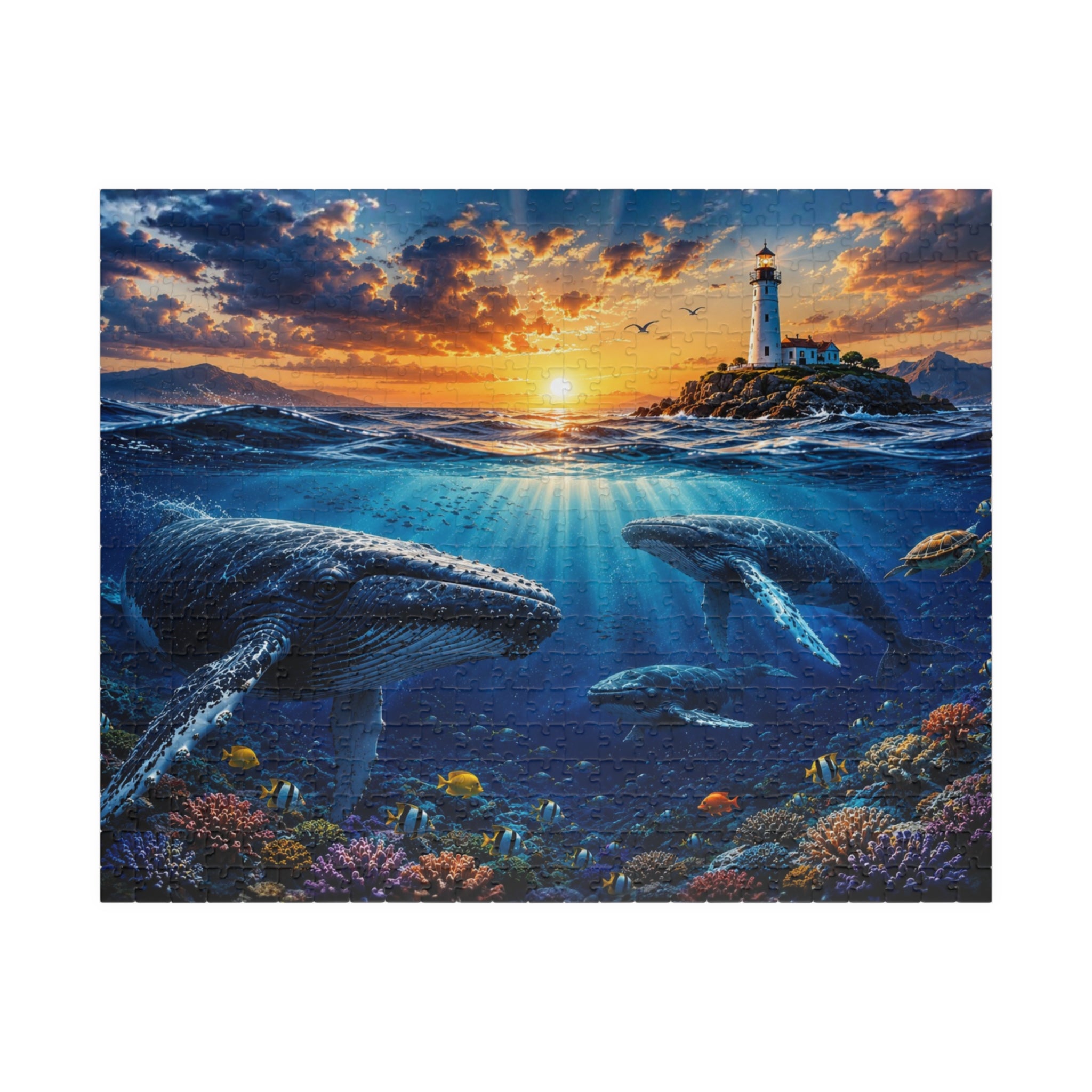 Ocean Lighthouse Puzzle – Whales Under the Sea Jigsaw Puzzle, Coastal Sunset Puzzle, Ocean Lover Gift, 250, 500 or 1000 Pieces