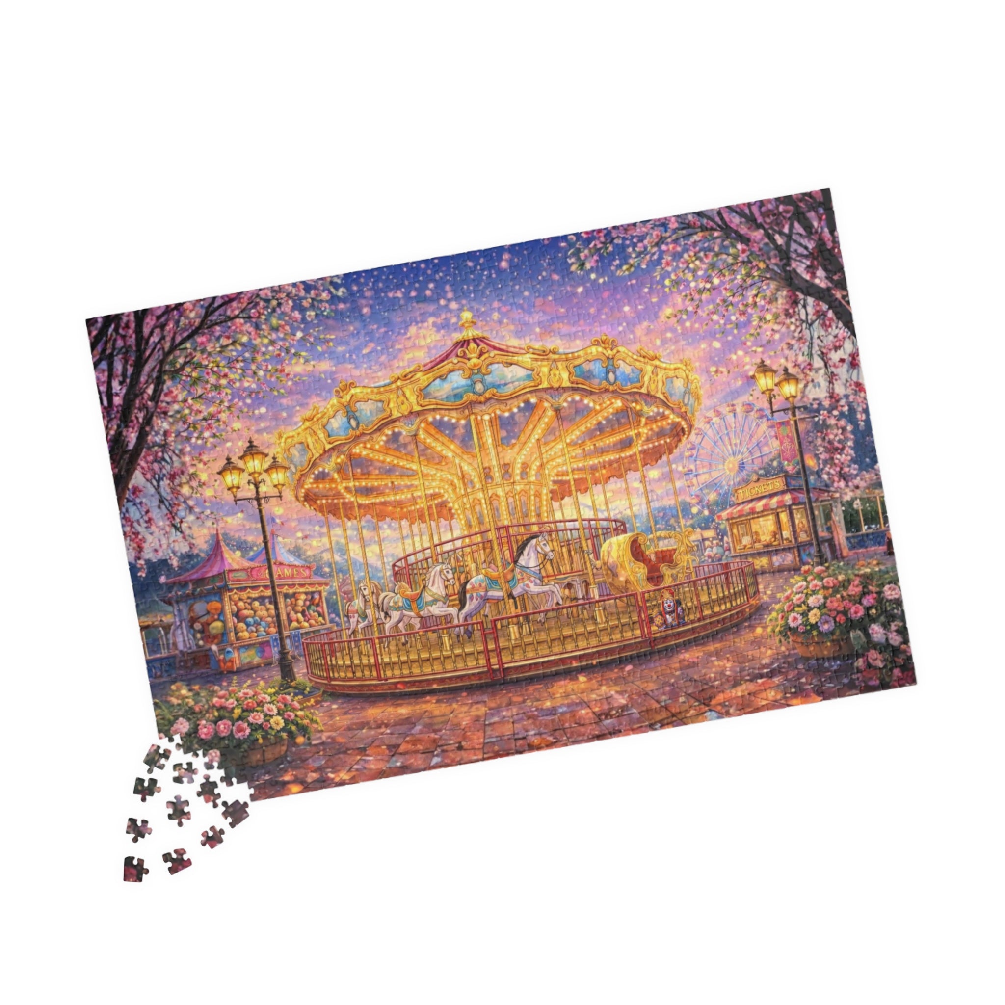 Carousel Jigsaw Puzzle 500 or 1000 Piece Vintage Fair Puzzle, Magical Amusement Park Art Puzzle