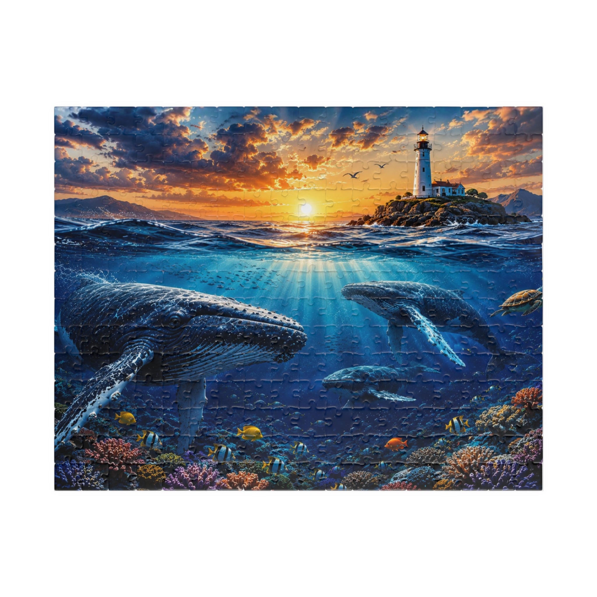 Ocean Lighthouse Puzzle – Whales Under the Sea Jigsaw Puzzle, Coastal Sunset Puzzle, Ocean Lover Gift, 250, 500 or 1000 Pieces