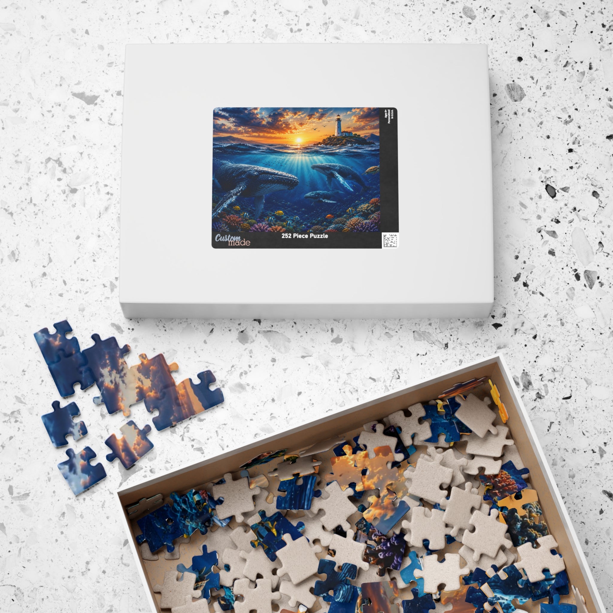 Ocean Lighthouse Puzzle – Whales Under the Sea Jigsaw Puzzle, Coastal Sunset Puzzle, Ocean Lover Gift, 250, 500 or 1000 Pieces