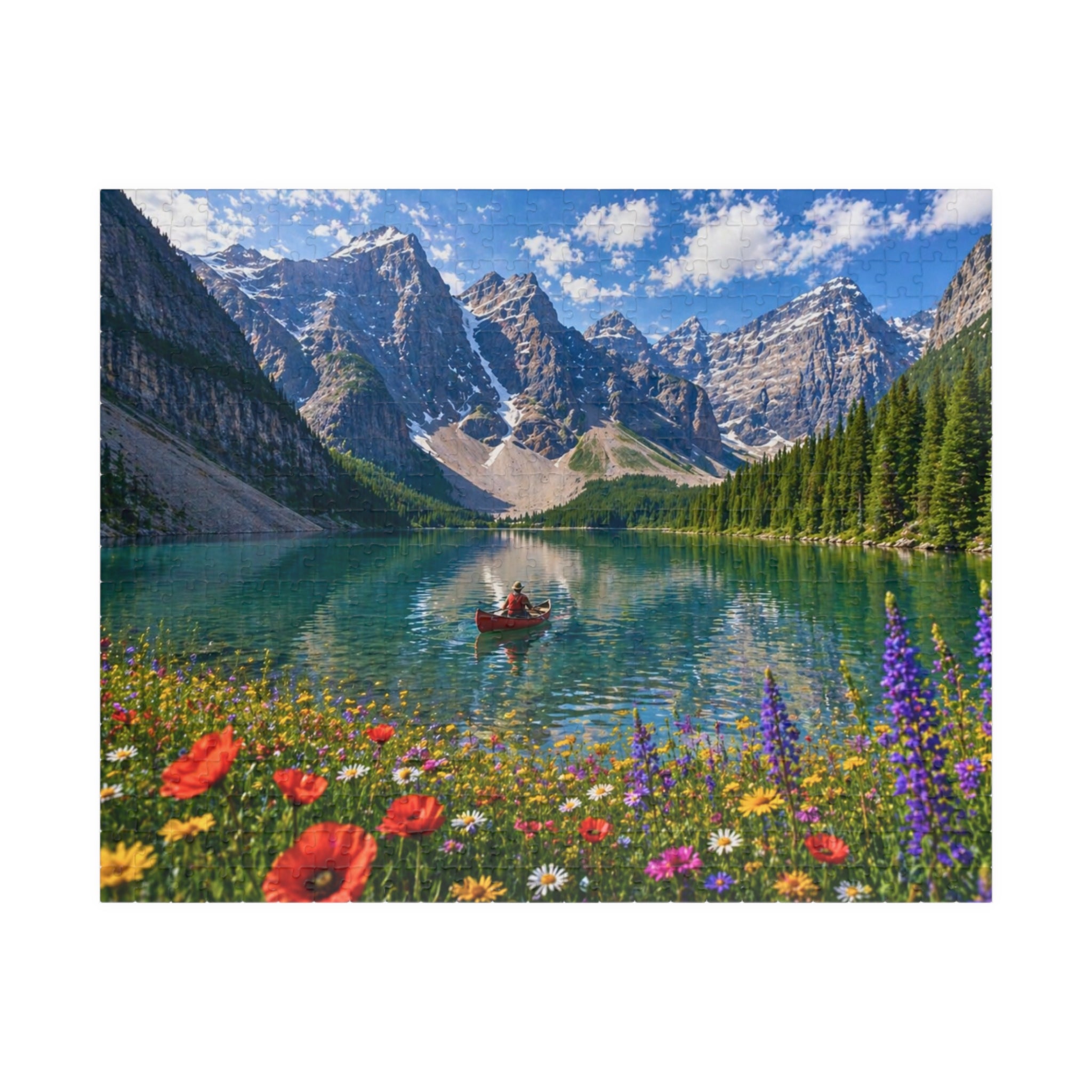 Mountain Lake Canoe Puzzle – Scenic Nature Jigsaw Puzzle, Alpine Lake & Wildflowers, Relaxing Landscape Puzzle, Gift for Nature Lovers