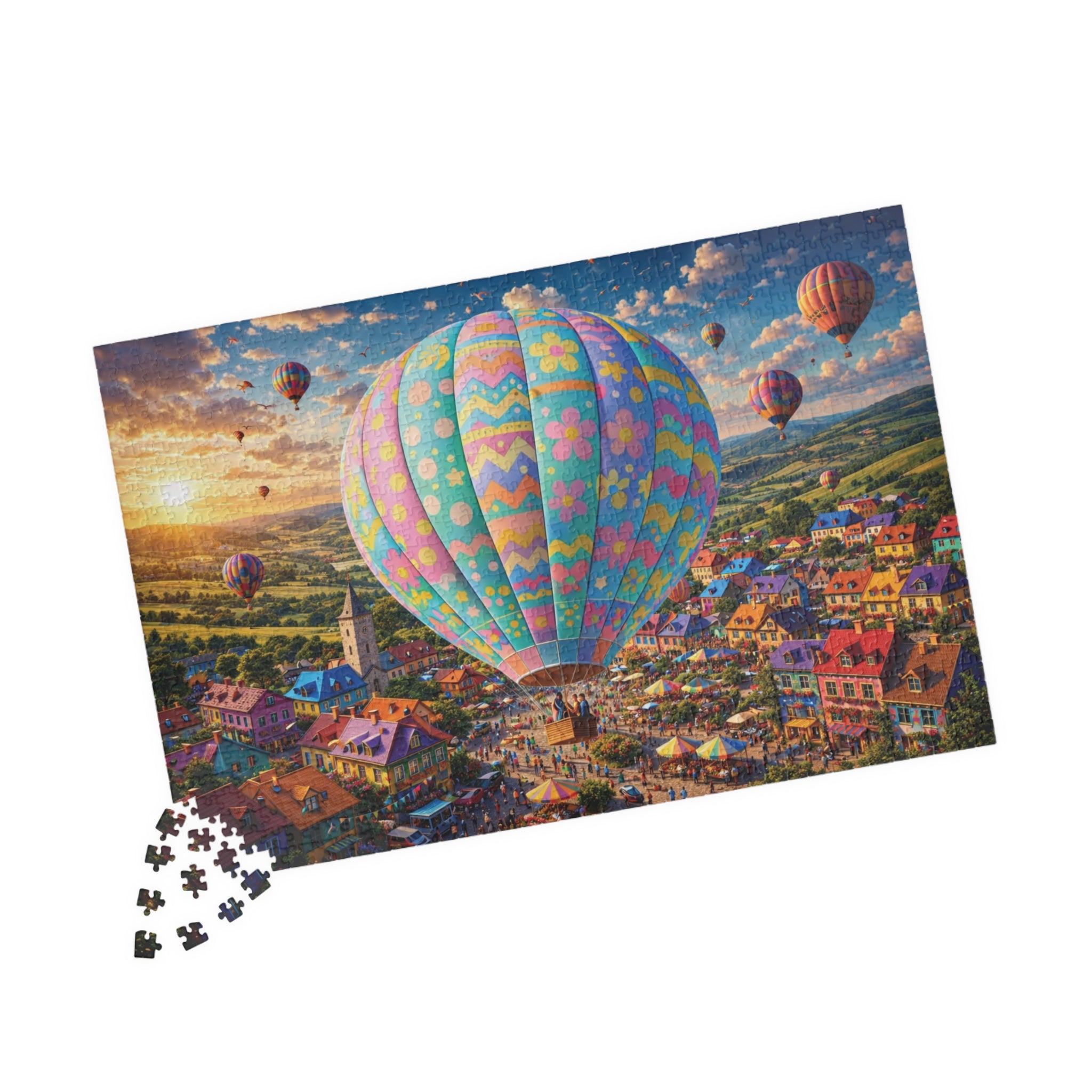 Hot Air Balloon Puzzle 500 or 1000 Piece, Pastel Sky Landscape Jigsaw Puzzle, Dreamy Travel Art Puzzle