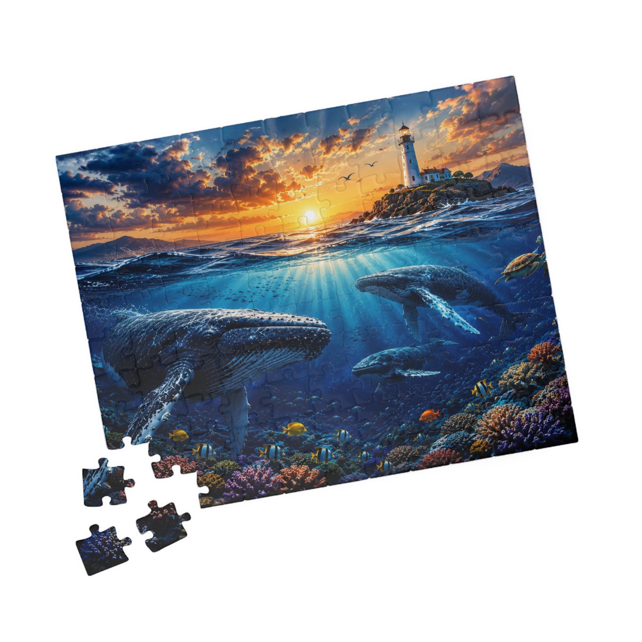 Ocean Lighthouse Puzzle – Whales Under the Sea Jigsaw Puzzle, Coastal Sunset Puzzle, Ocean Lover Gift, 250, 500 or 1000 Pieces